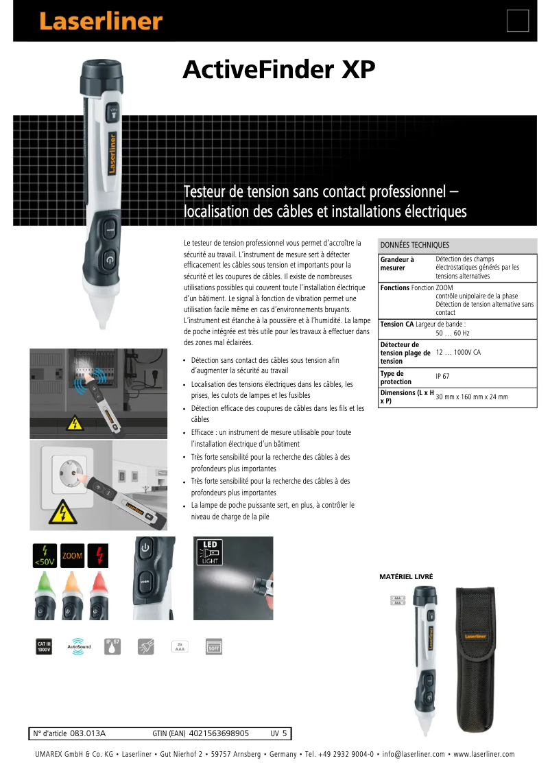 Page 1 de la notice Fiche technique Laserliner ActiveFinder XP