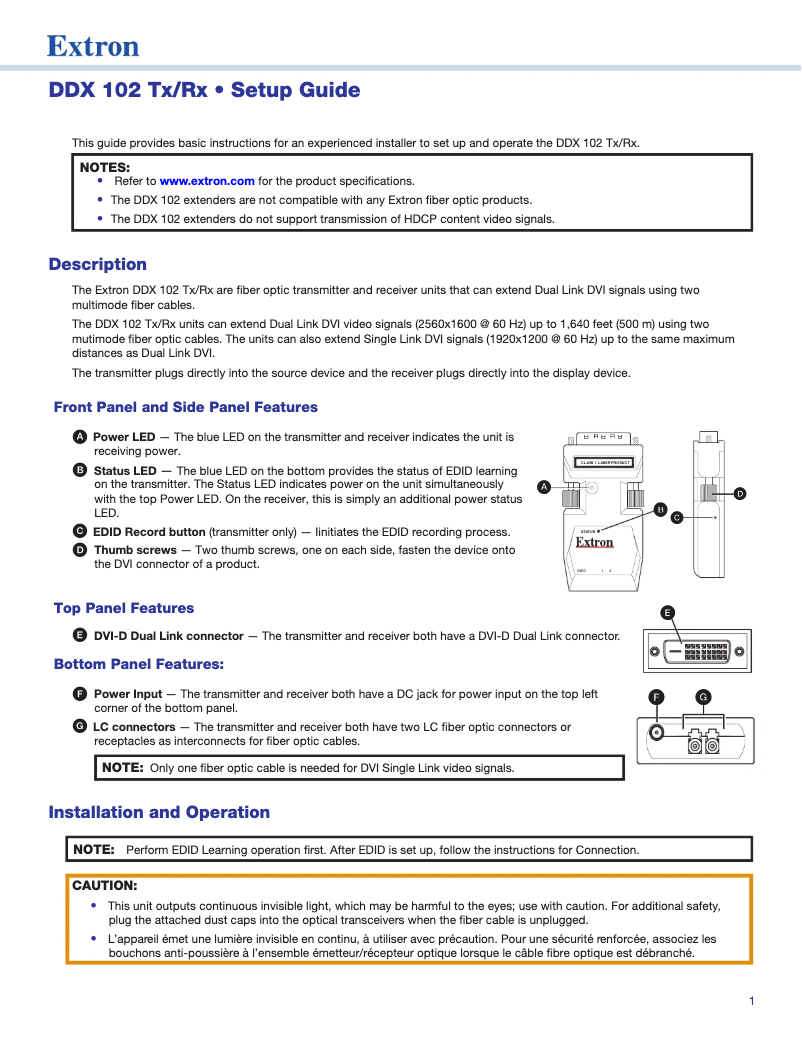Page 1 de la notice Manuel utilisateur Extron DDX 102