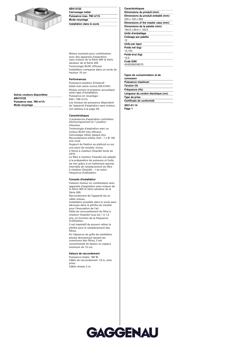 Page 1 de la notice Fiche technique Gaggenau AR413122