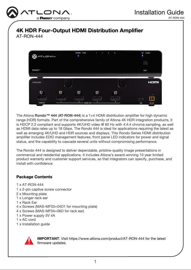 Page 1 de la notice Guide d'installation Atlona AT-RON-444