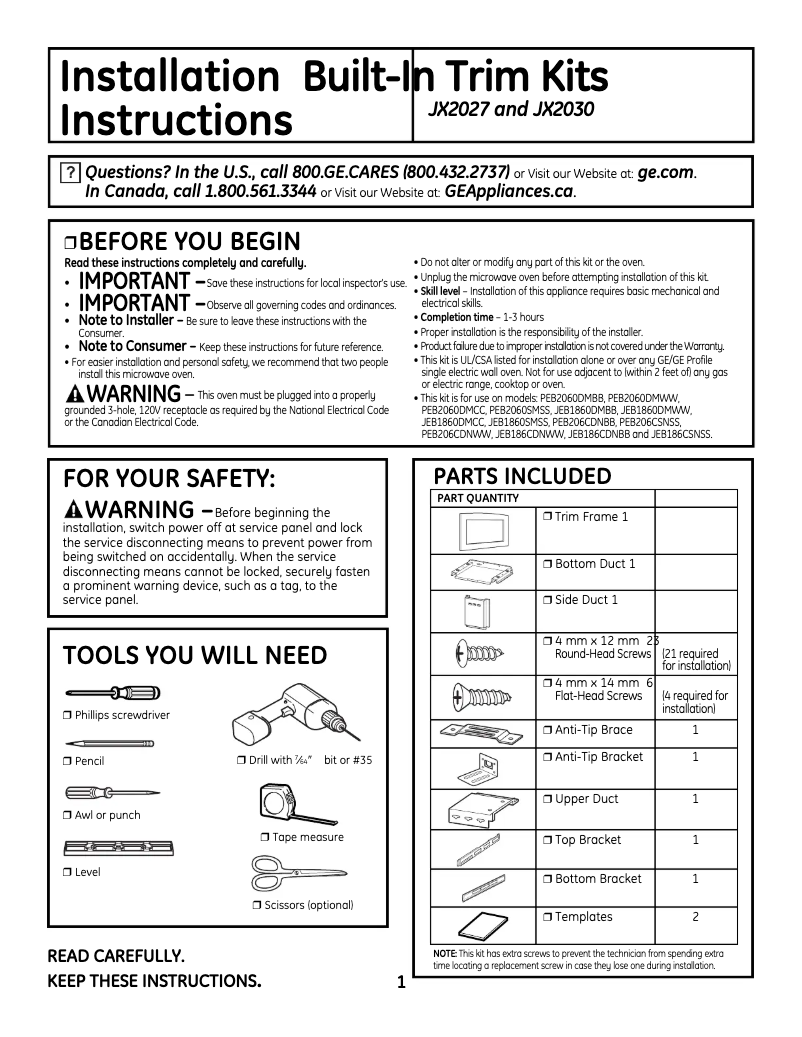 Page 1 de la notice Manuel utilisateur GE JX2027SMSS