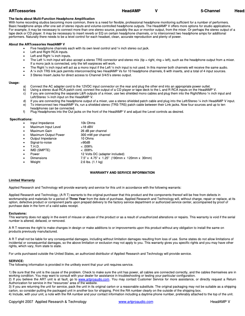 Page 1 de la notice Manuel utilisateur ART HeadAMP V