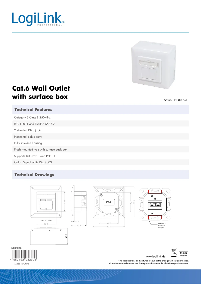 Page 1 de la notice Manuel utilisateur LogiLink NP0039A