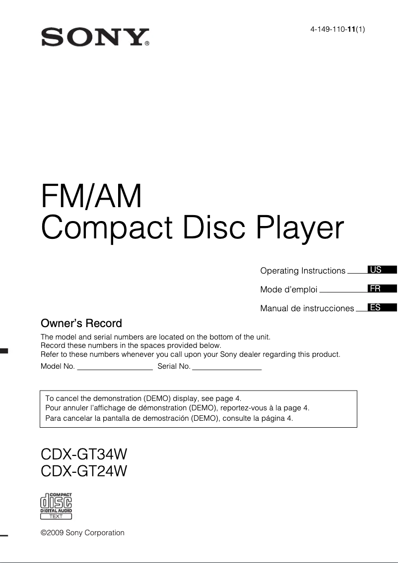 Page 1 de la notice Manuel utilisateur Sony CDX-GT34W