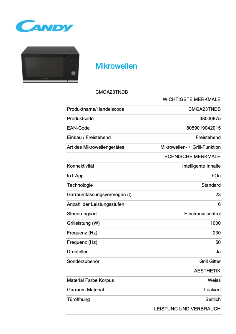 Page 1 de la notice Fiche technique Candy CMGA23TNDB