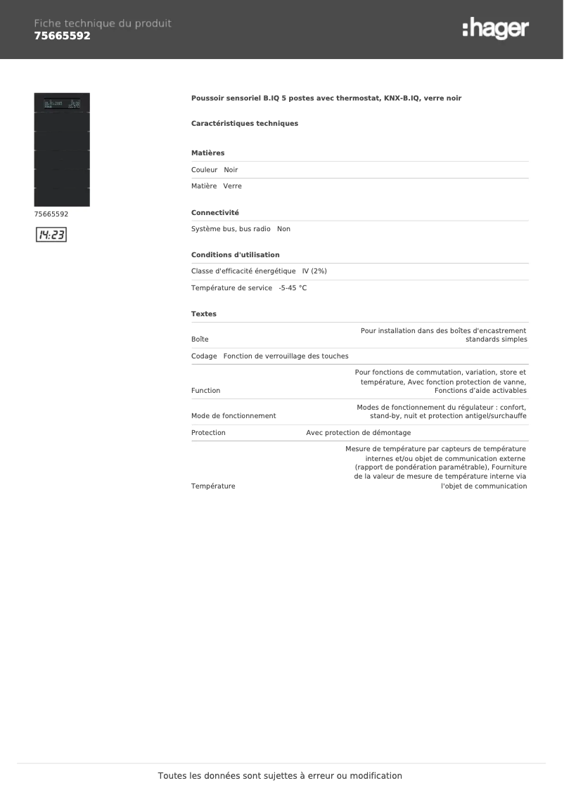 Page 1 de la notice Fiche technique Hager 75665592