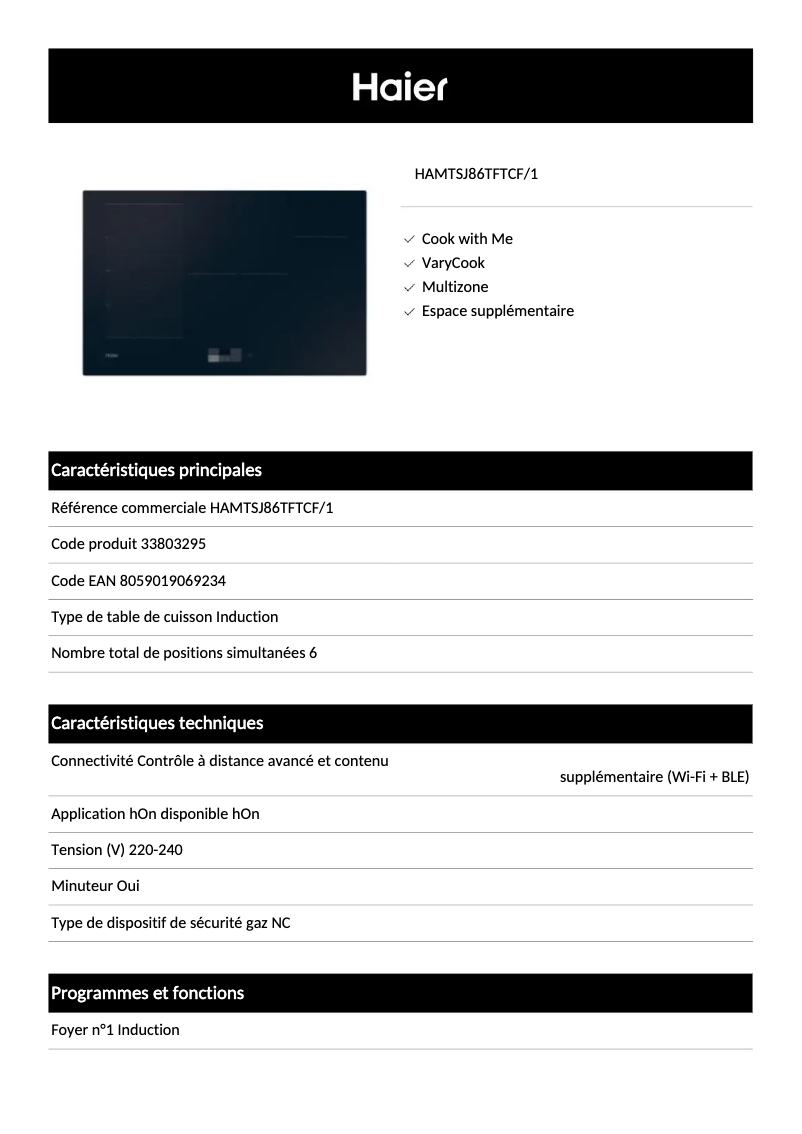 Page 1 de la notice Fiche technique Haier HAMTP64MC