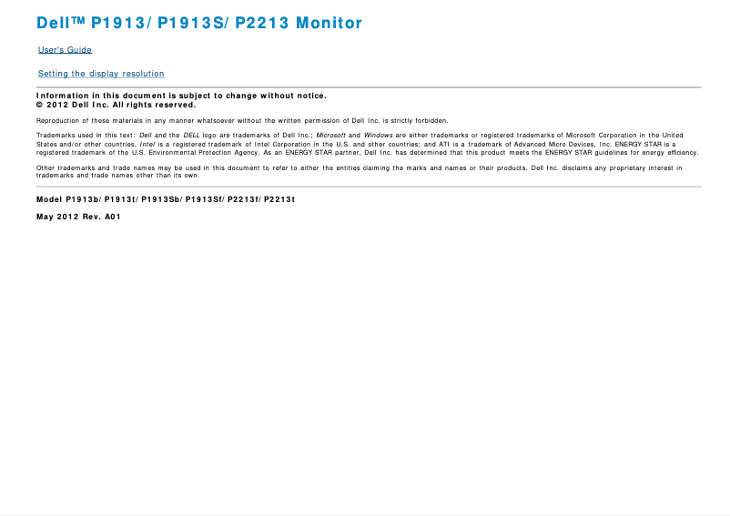 Page 1 de la notice Manuel utilisateur Dell Professional P1913S