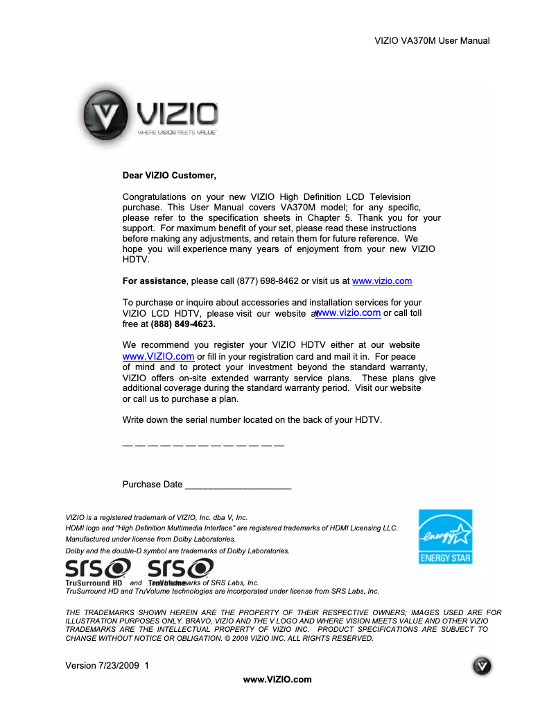 Page 1 de la notice Manuel utilisateur VIZIO VA370M