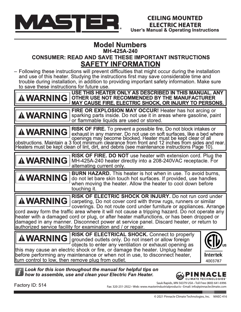 Page 1 de la notice Manuel utilisateur Master MH-425A-120