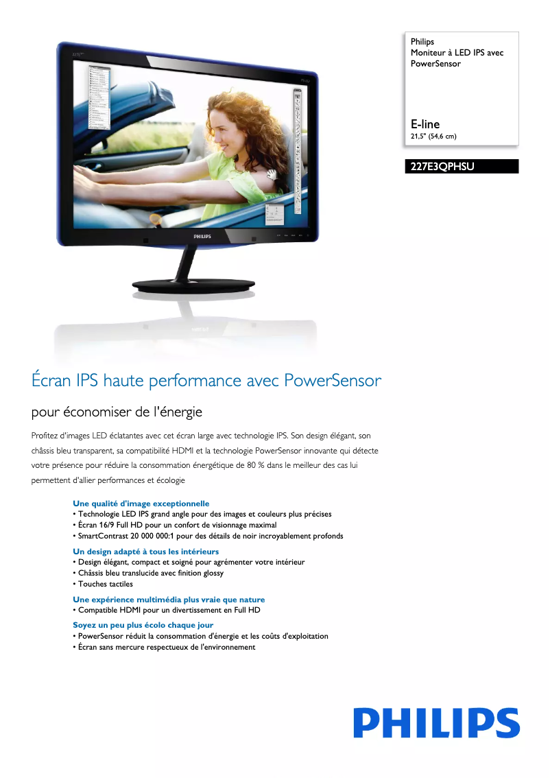 Page 1 de la notice Fiche technique Philips 227E3QPHSU