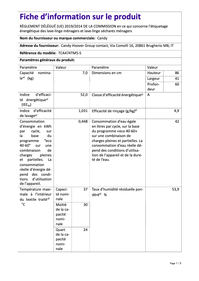 Page n°1 - Fiche technique Candy TCA474TM5-S