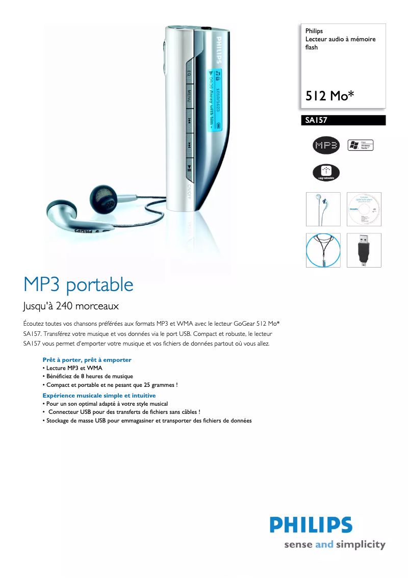 Page 1 de la notice Fiche technique Philips GoGear SA157