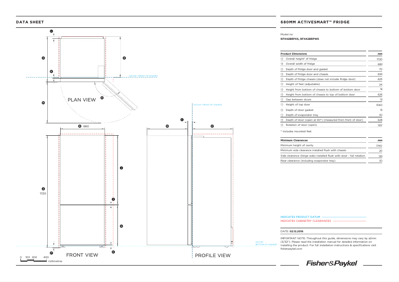 Page 1 de la notice Fiche technique Fisher & Paykel RF442BRPX8