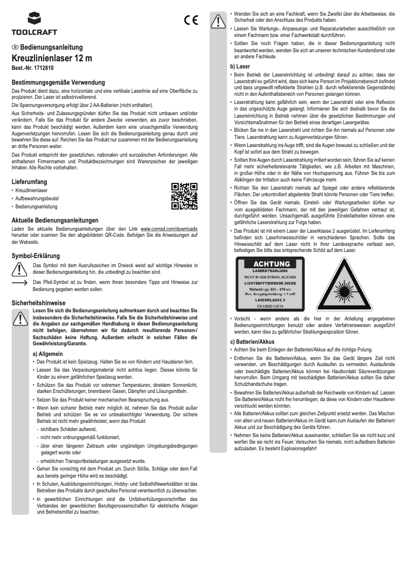 Page 1 de la notice Manuel utilisateur Toolcraft CL12