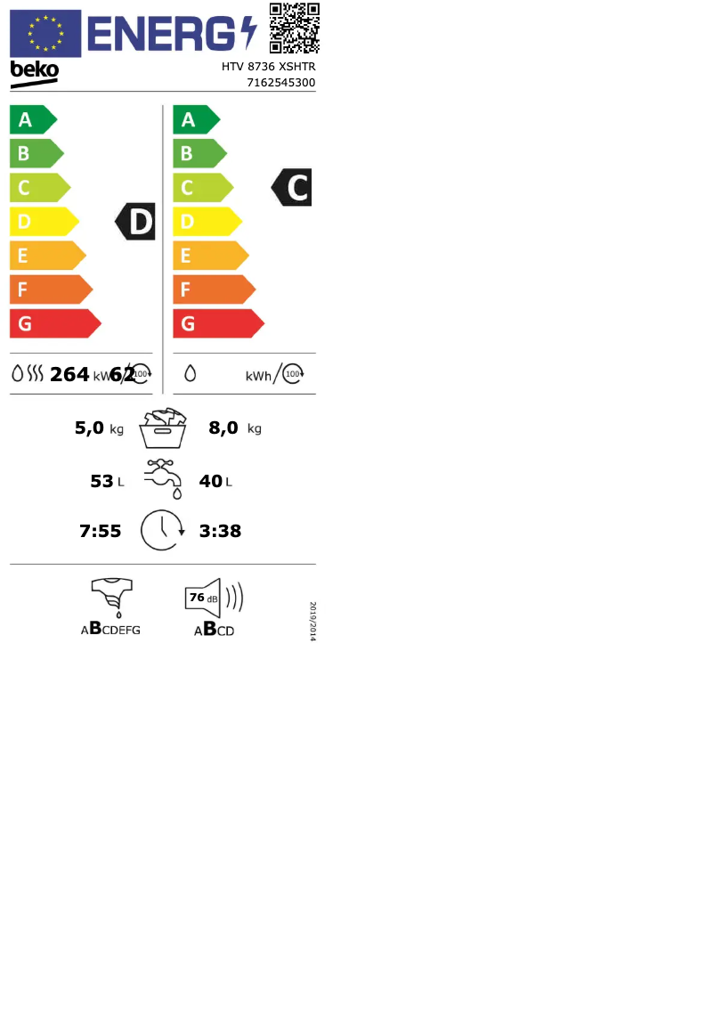 Page 1 de la notice Label énergétique Beko HTV 8736 XSHTR