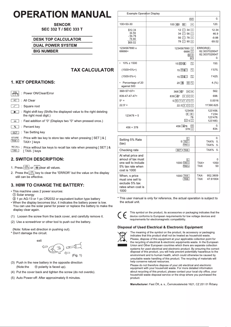 Page 1 de la notice Manuel utilisateur Sencor SEC 333T