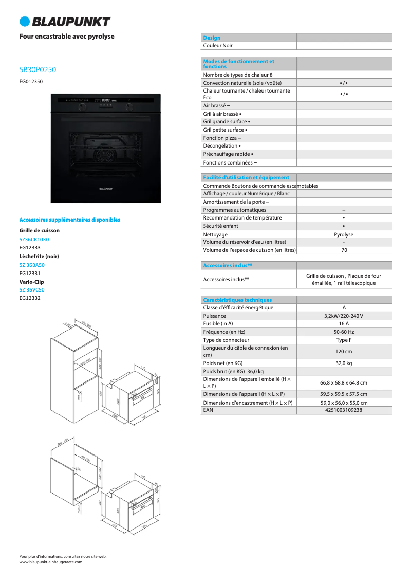 Página 1 del manual Ficha técnica Blaupunkt 5B30P0250