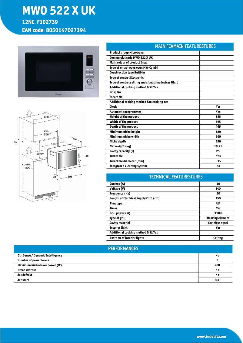 Page 1 de la notice Manuel utilisateur Indesit MWO 522 X UK