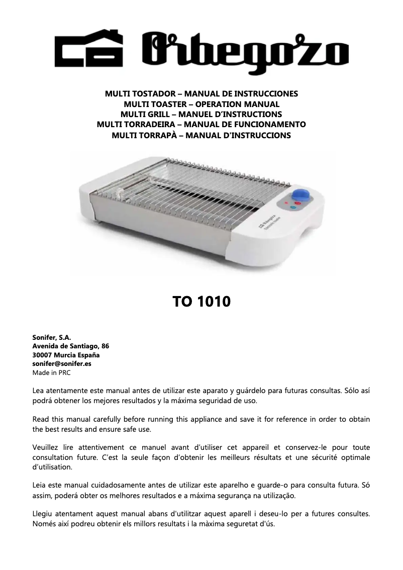 Page 1 de la notice Manuel utilisateur Orbegozo TO 1010