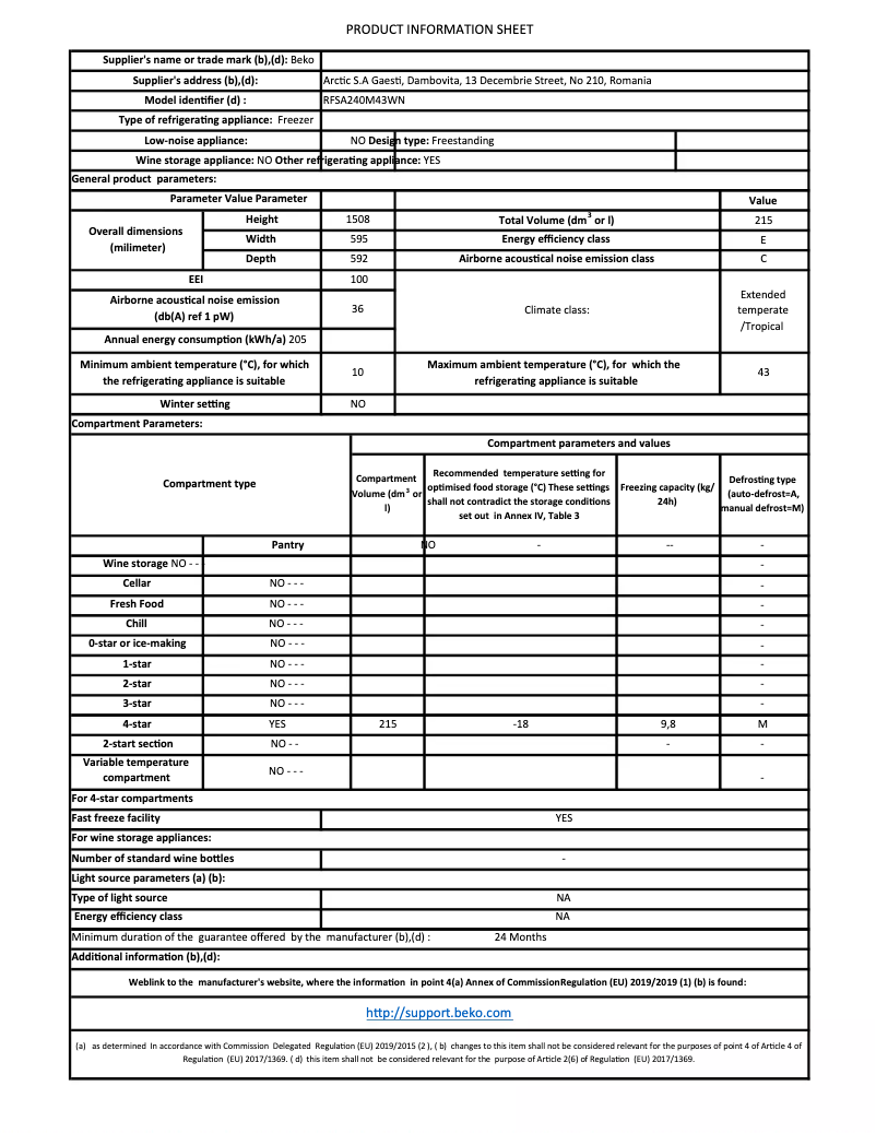 Page n°1 - Fiche technique Beko RFSA240M43WN