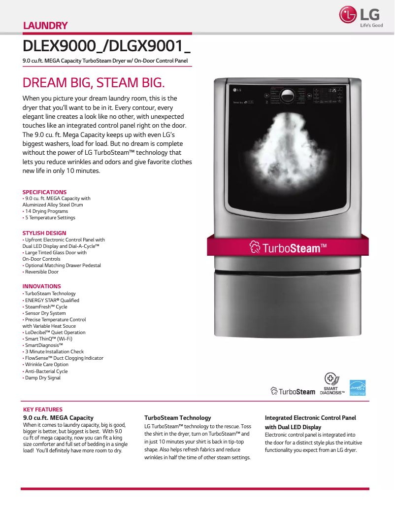 Page 1 de la notice Fiche technique LG DLEX9000V