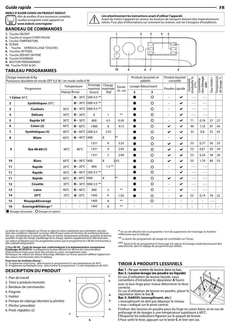 Page 1 de la notice Mode d'emploi Indesit BWEBE 81485X WK N