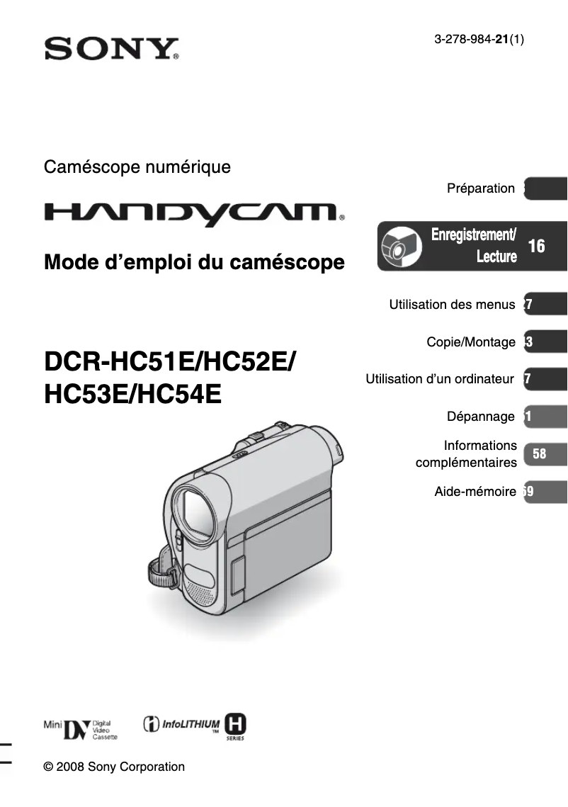 Page 1 de la notice Manuel utilisateur Sony DCR-HC54E