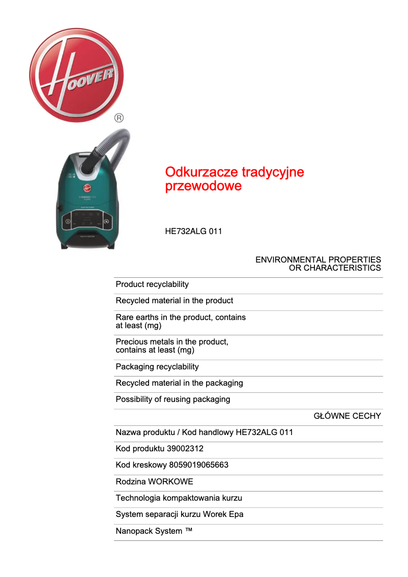Page n°1 - Fiche technique Hoover H-ENERGY 700 HE732ALG 011
