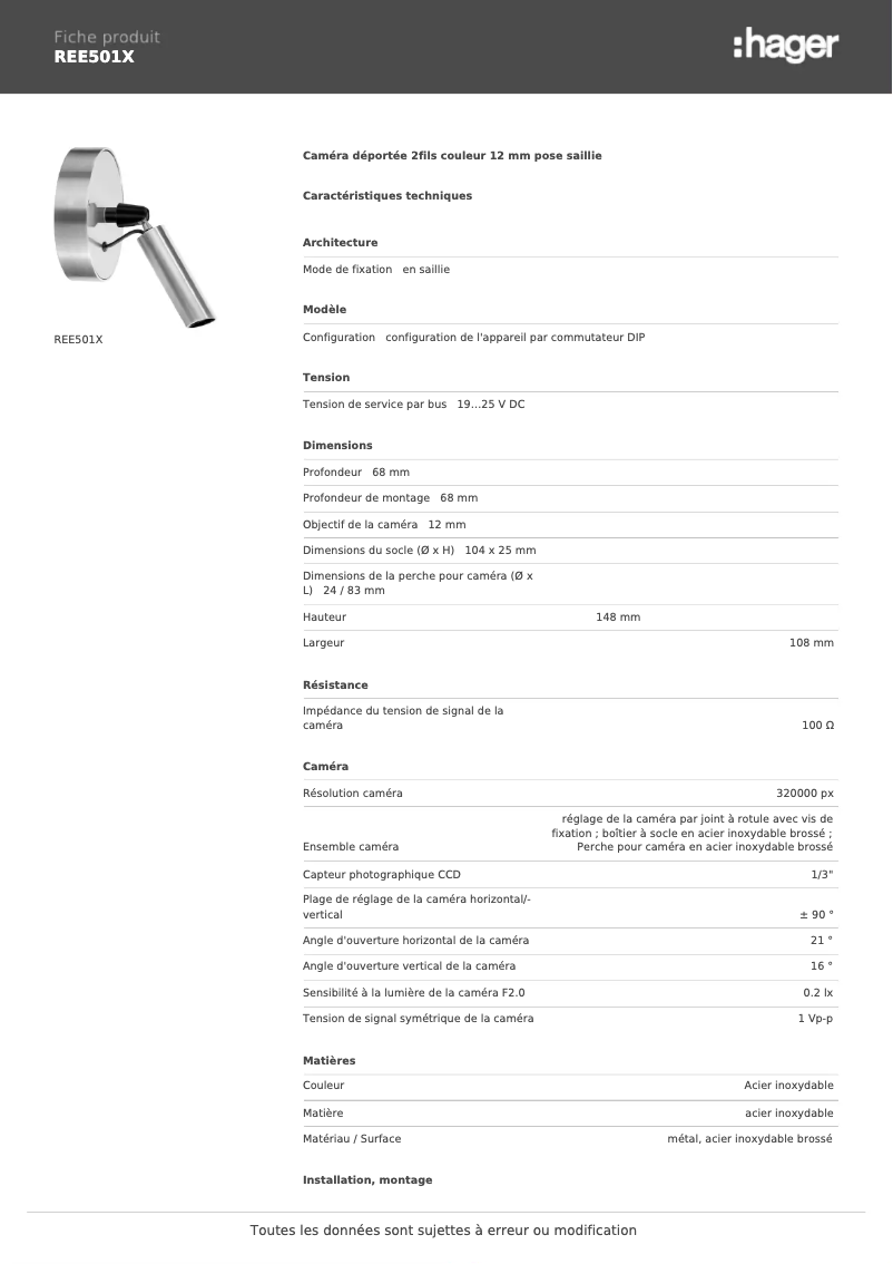 Page 1 de la notice Fiche technique Hager REE501X