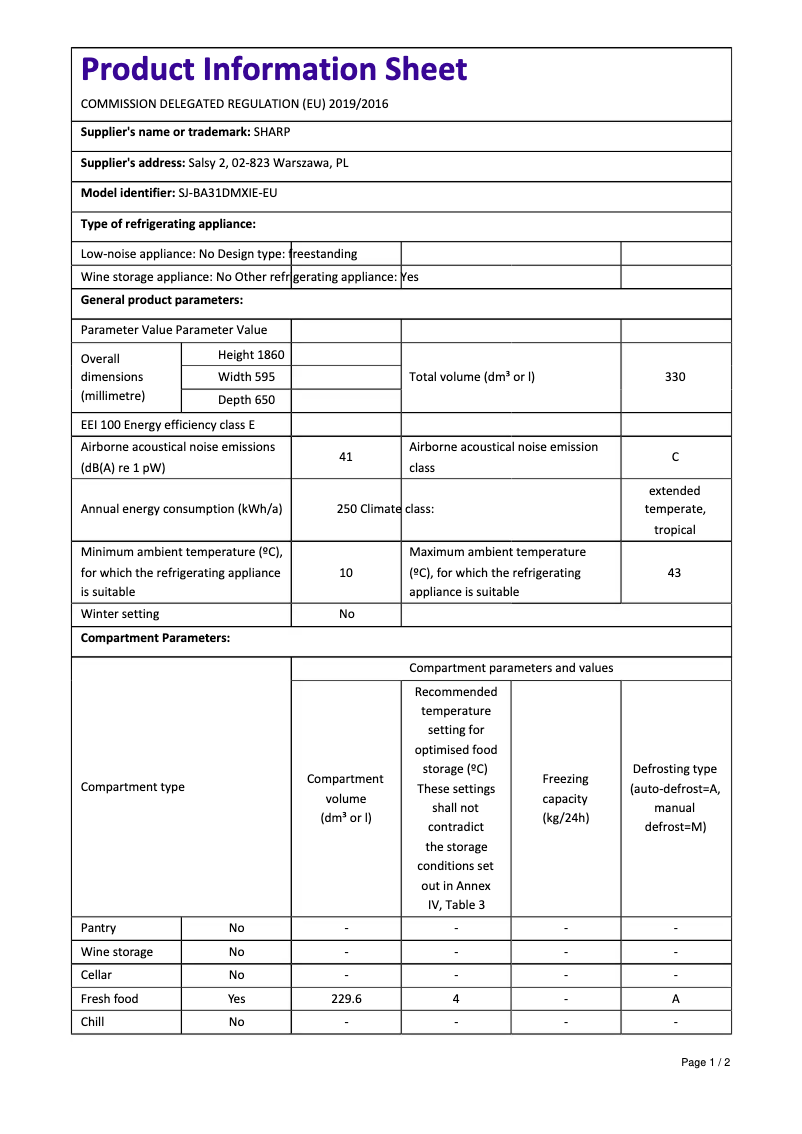 Page n°1 - Manuel utilisateur Sharp SJ-BA31DMXIE-EU