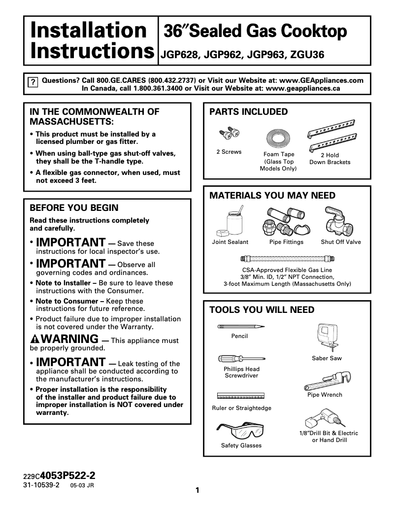 Page n°1 - Guide d'installation GE Profile JGP962SECSS