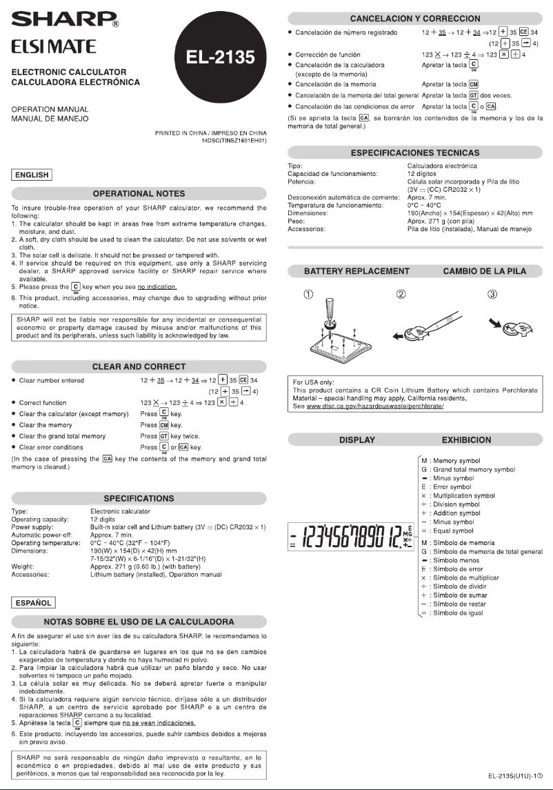 Page n°1 - Manuel utilisateur Sharp EL-2135