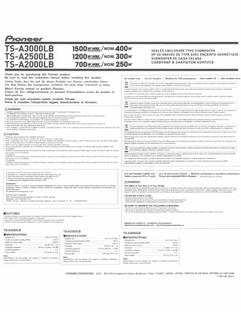 Page 1 de la notice Manuel utilisateur Pioneer TS-A2000LB