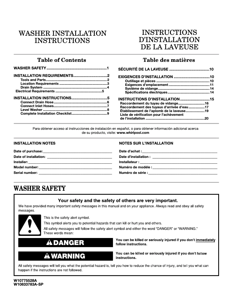 Page 1 de la notice Guide d'installation Whirlpool WFW75HEFW