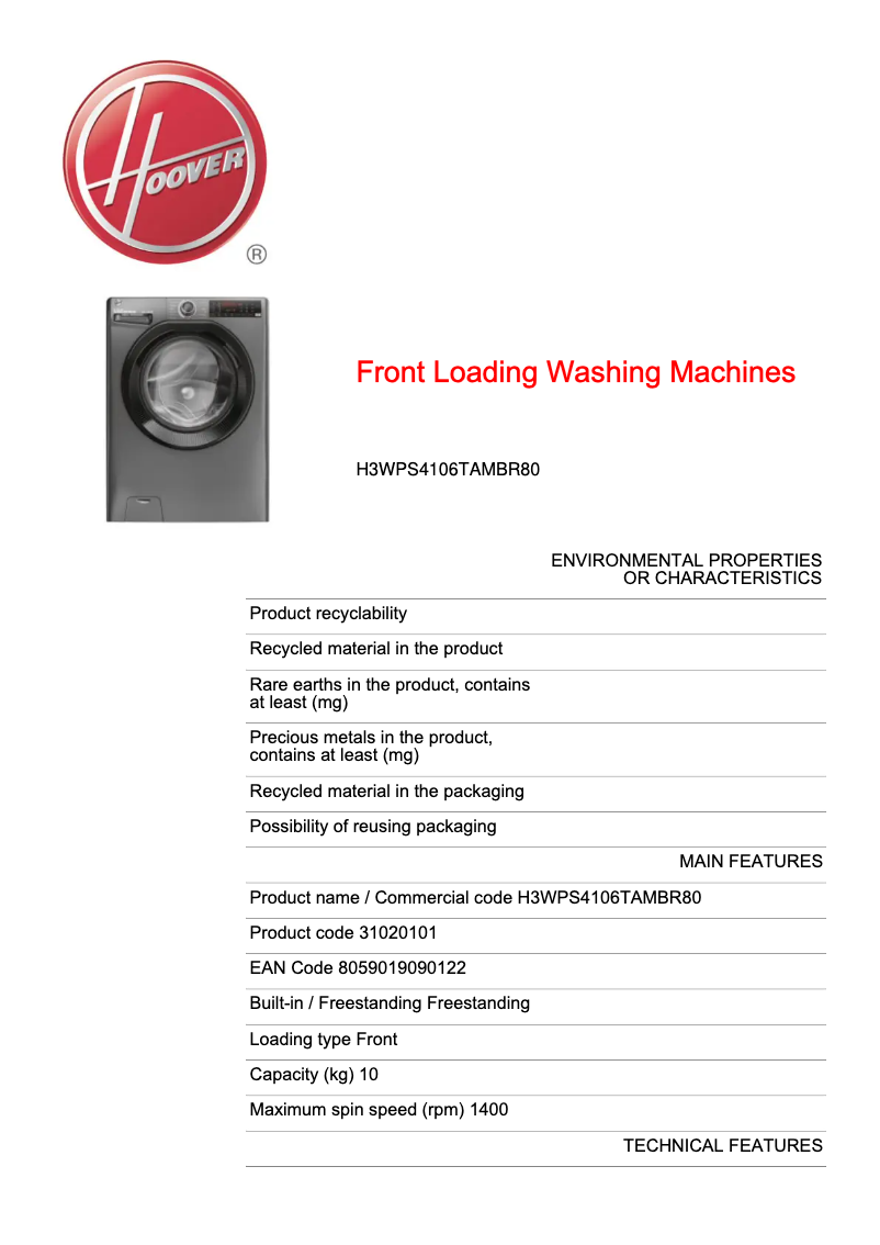 Page n°1 - Fiche technique Hoover H3WPS4106TAMBR80