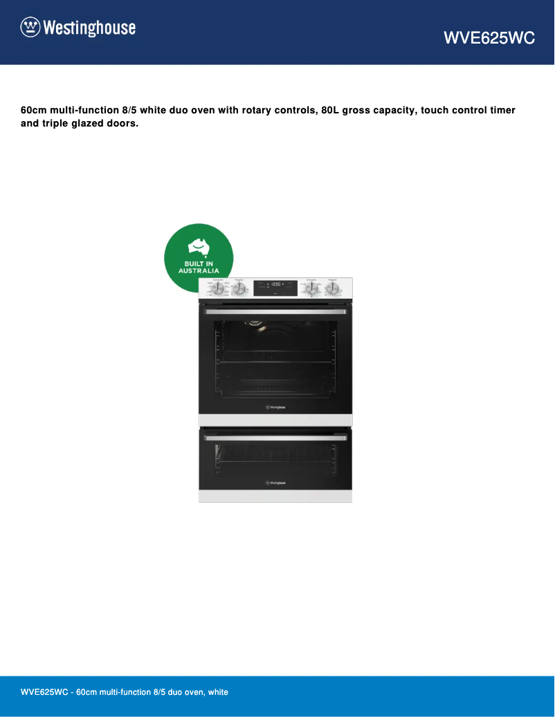 Page 1 de la notice Fiche technique Westinghouse WVE625WC
