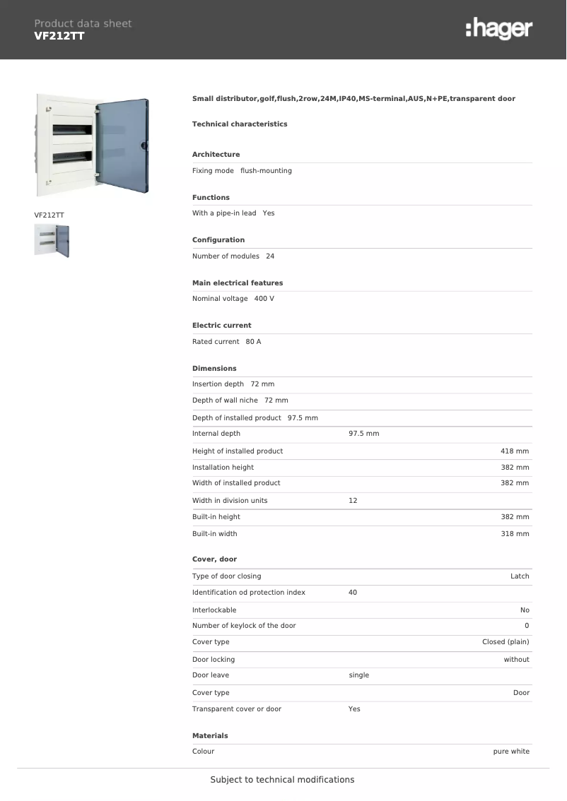 Page 1 de la notice Fiche technique Hager VF212TT
