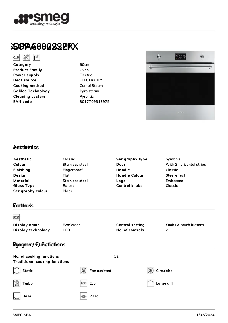 Page 1 de la notice Fiche technique Smeg SOPA6302S2PX