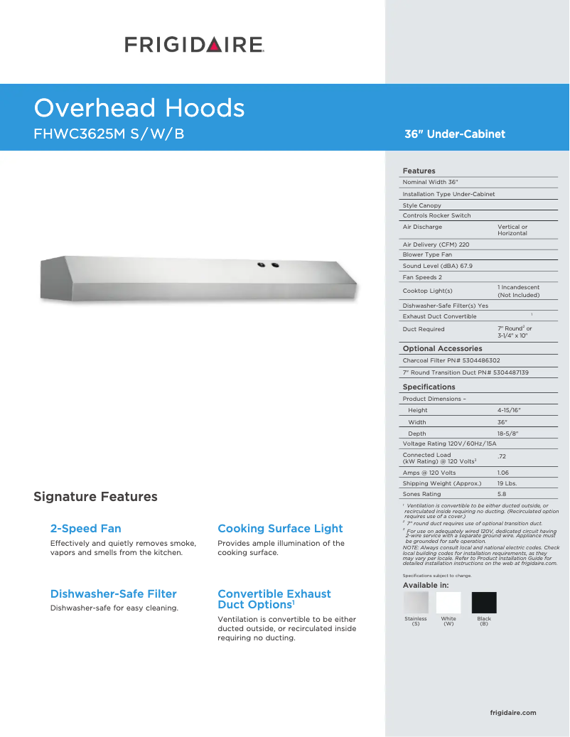 Page 1 de la notice Fiche technique Frigidaire FHWC3625MS