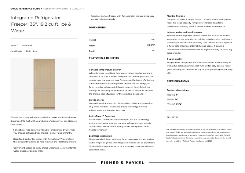 Page n°1 - Manuel utilisateur Fisher & Paykel RS3684WRUVK5