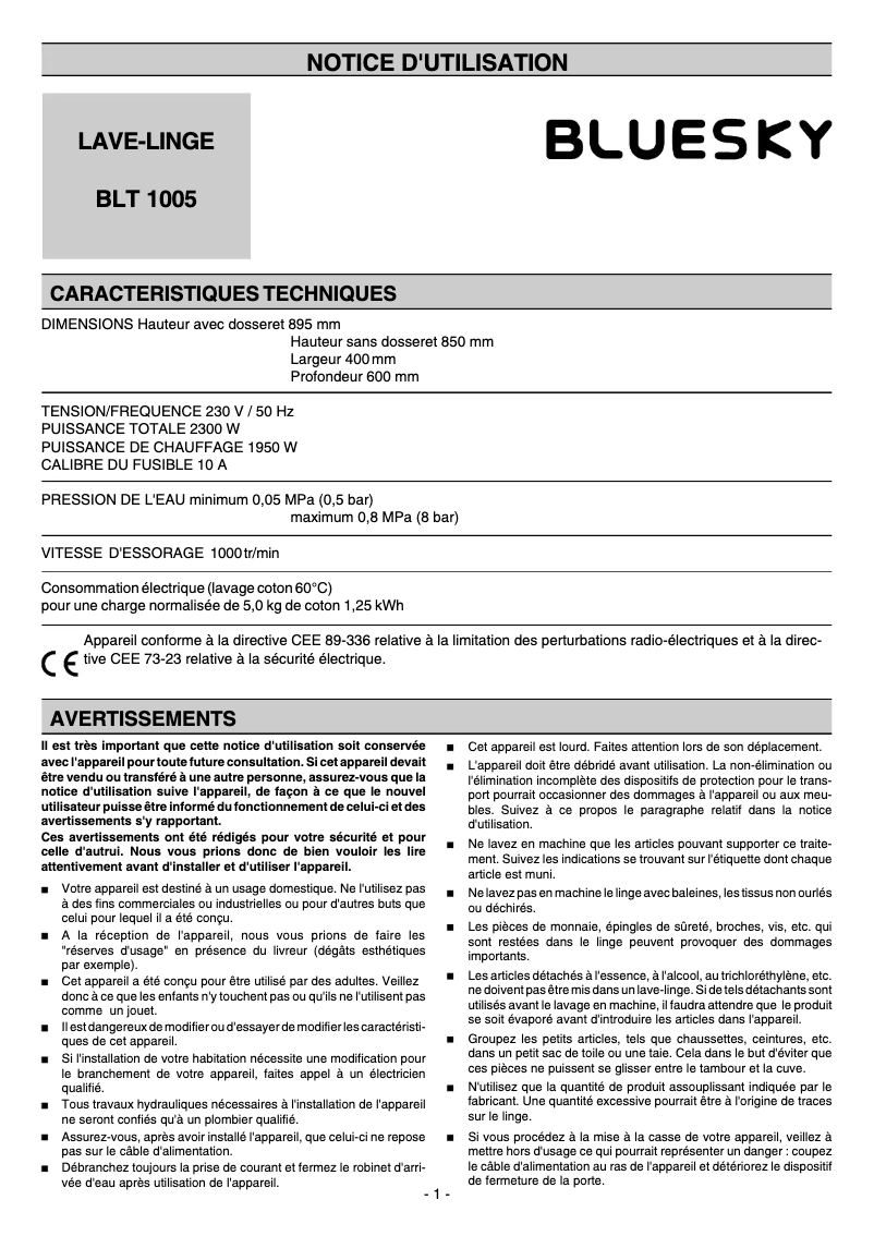 Image de la première page du manuel de l'appareil BLT 1005