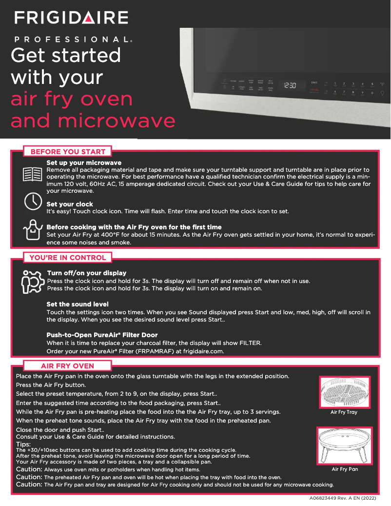 Page 1 de la notice Guide de démarrage rapide Frigidaire PMOS1980AF