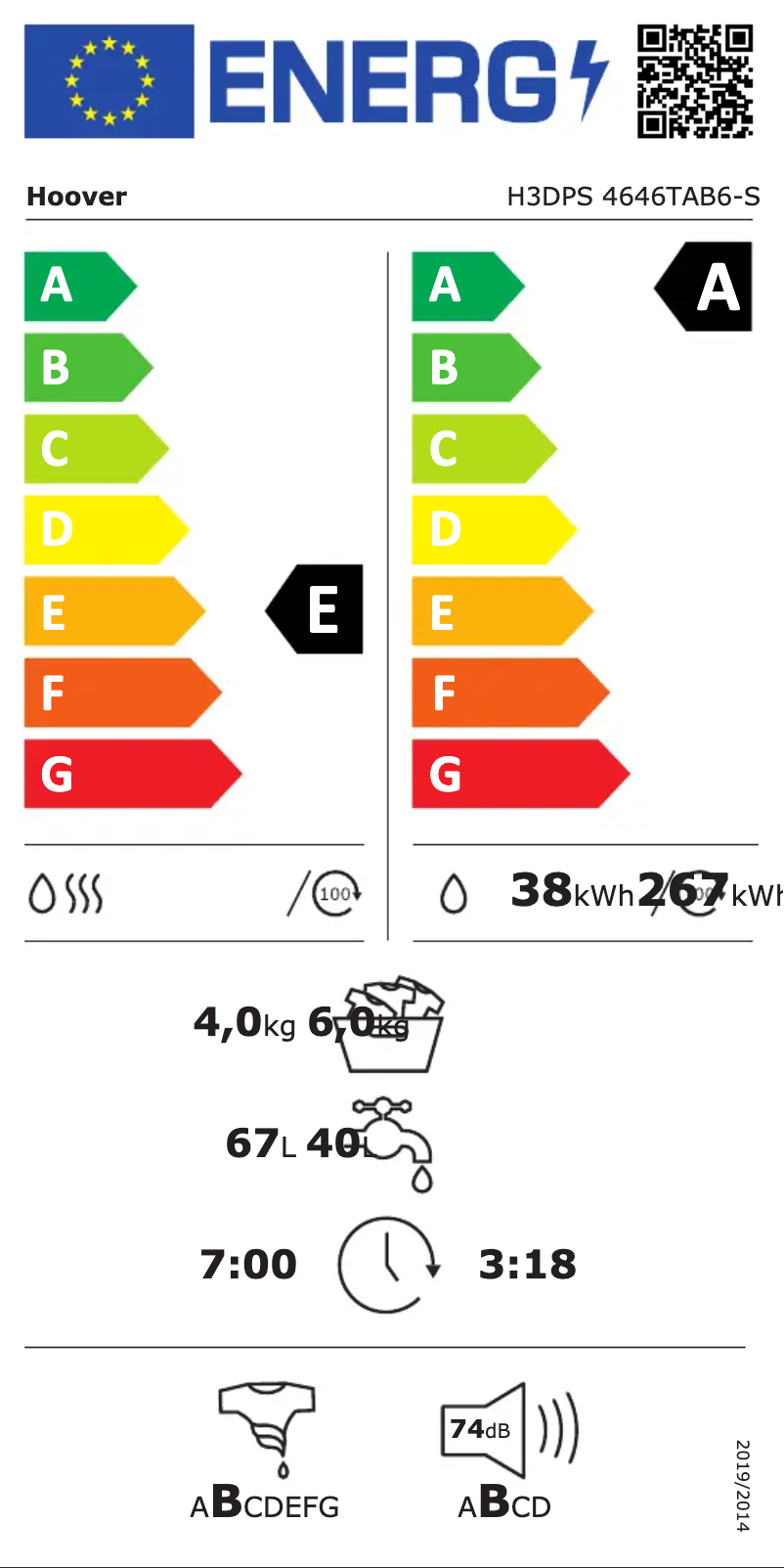 Page n°1 - Label énergétique Hoover H3DPS 4646TAB6-S