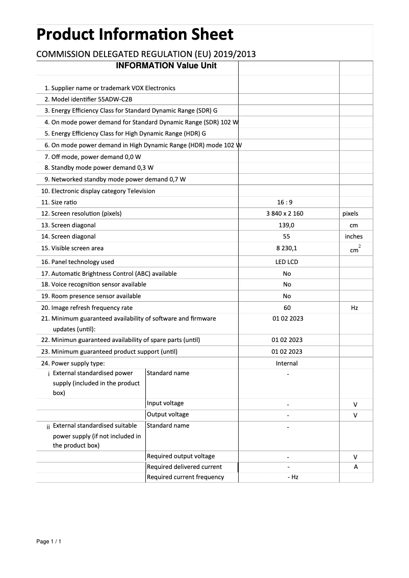 Page 1 de la notice Manuel utilisateur VOX 55ADW-C2B
