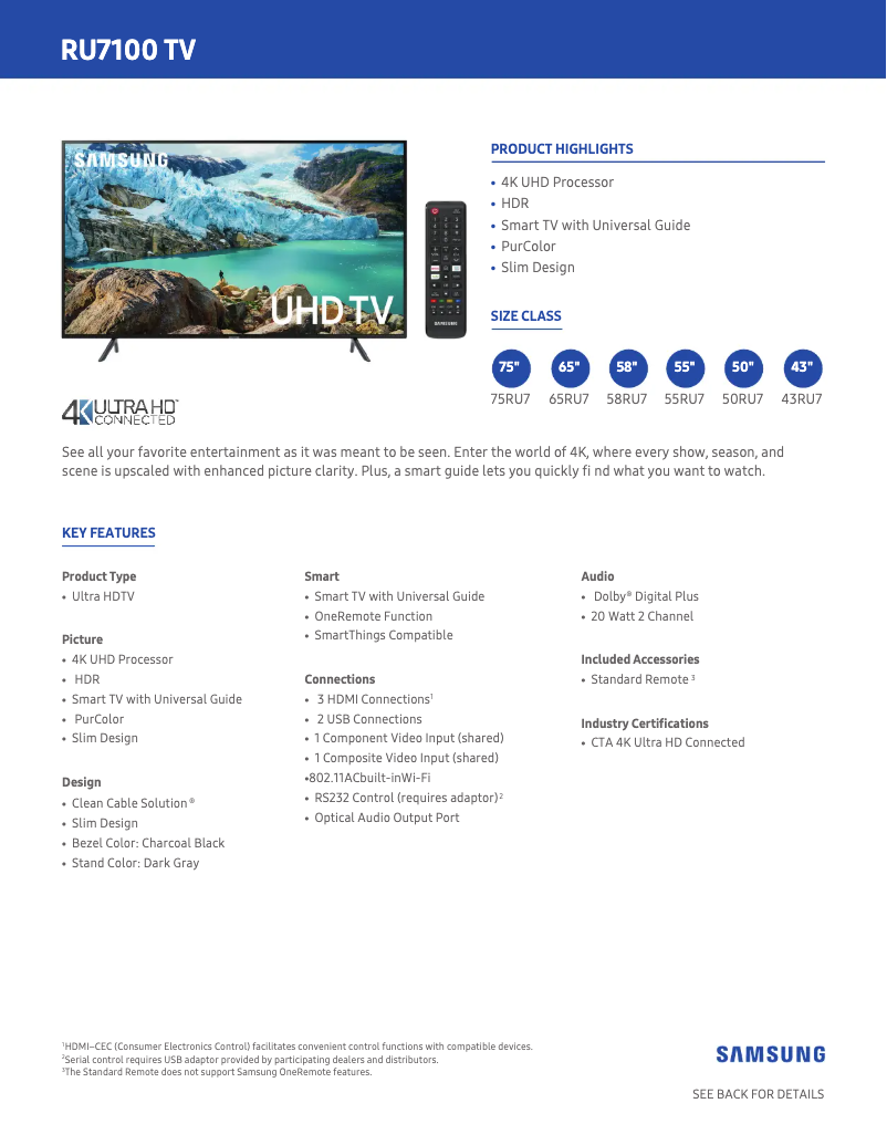 Page 1 de la notice Fiche technique Samsung UN75RU7100FXZA