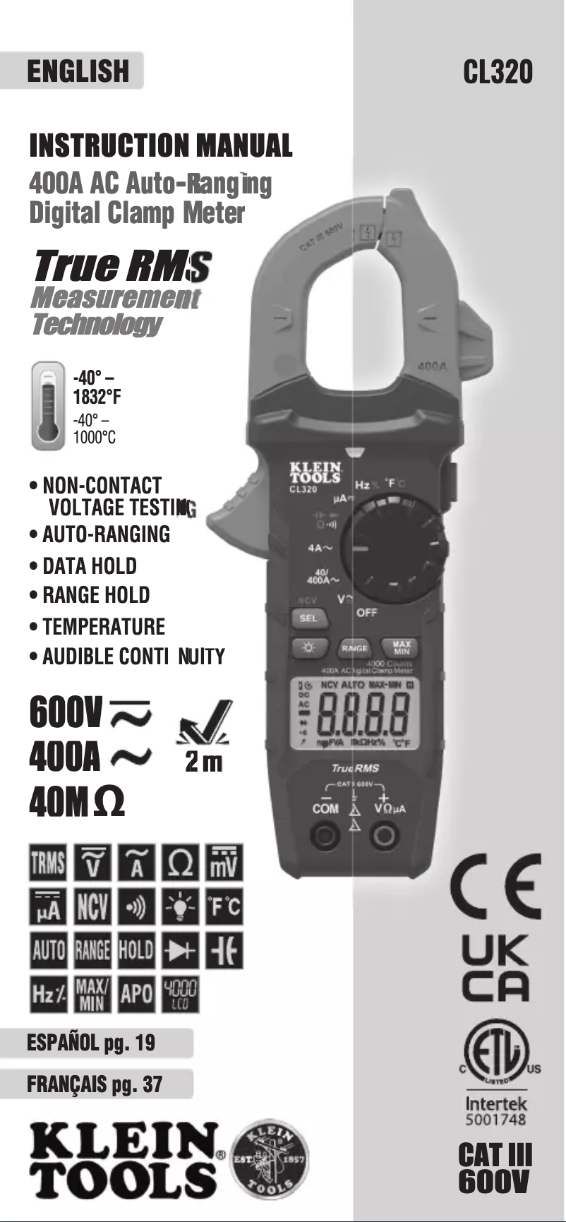 Page n°1 - Manuel utilisateur Klein Tools CL320