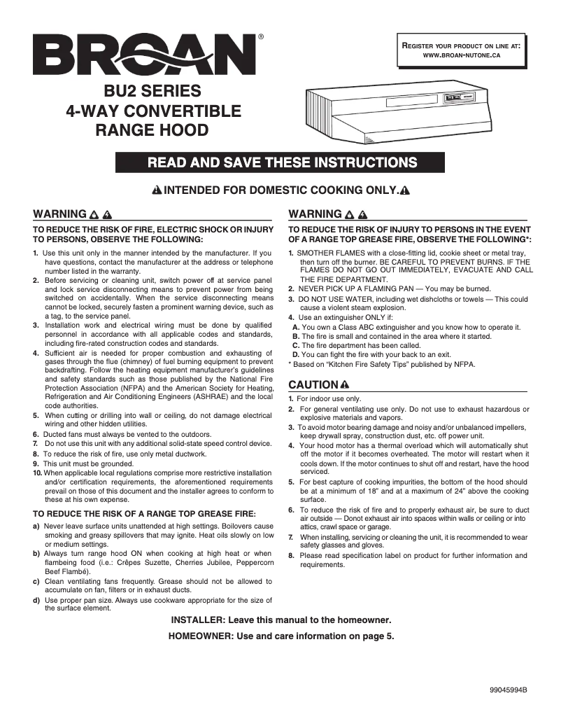 Page 1 de la notice Guide d'installation Broan BU230WW