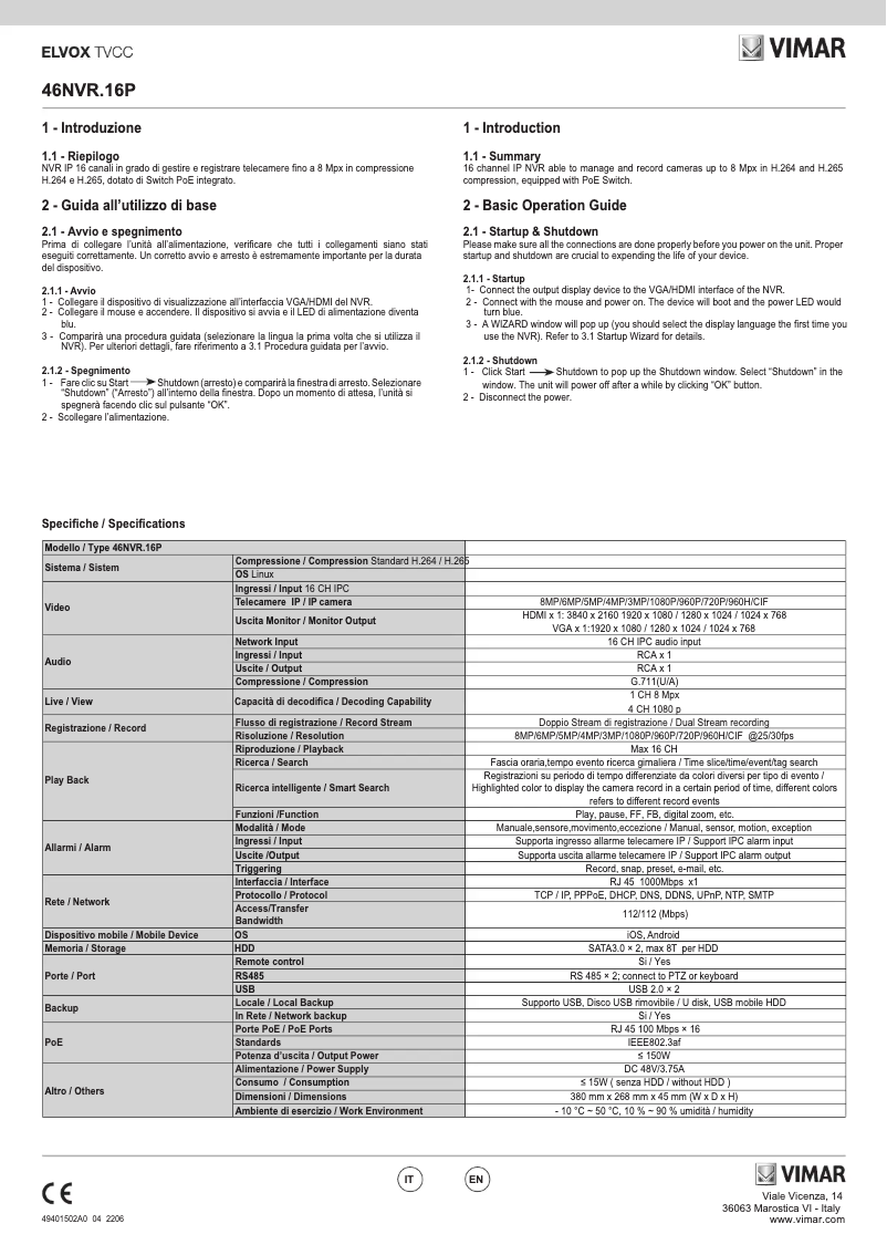 Page 1 of the manual Instructions / Assembly Vimar ELVOX 46NVR.16P