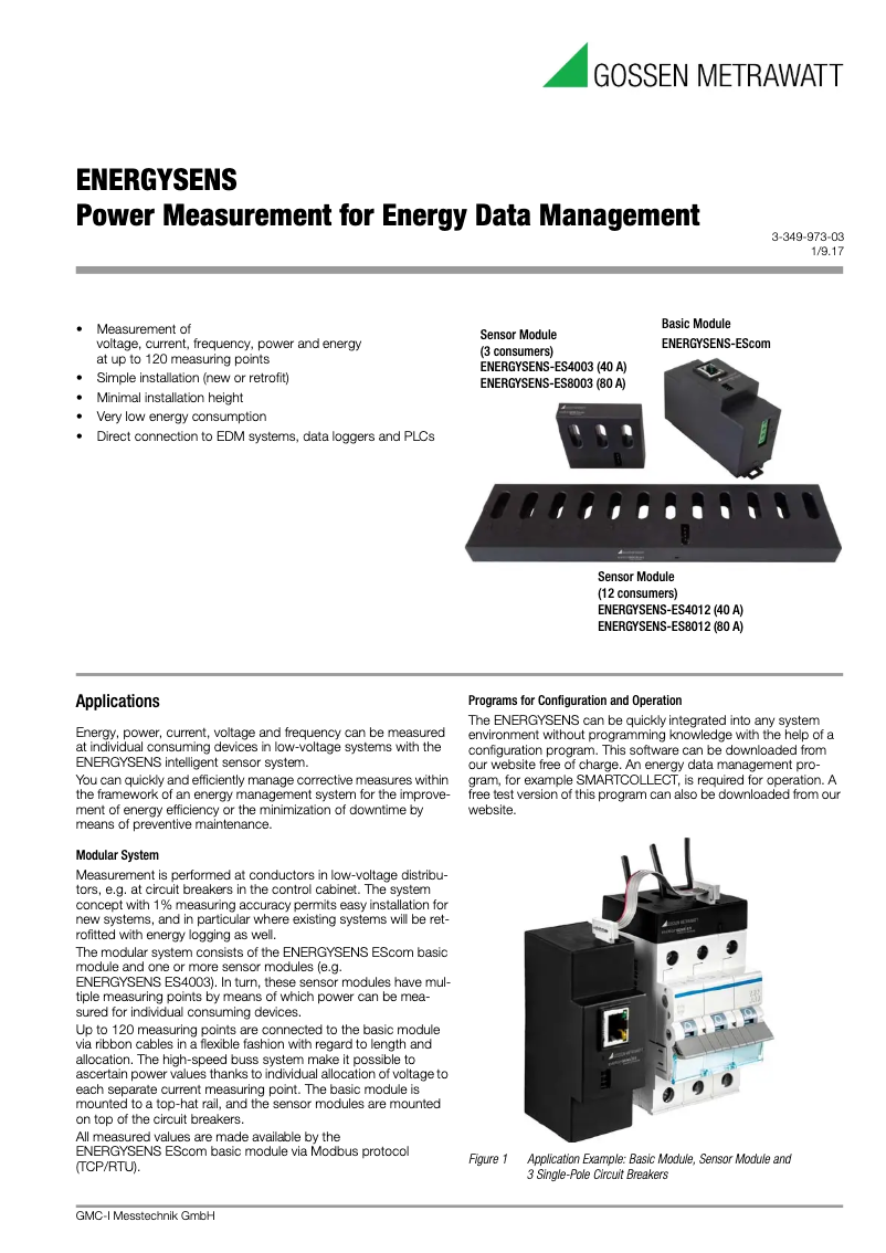 Page 1 de la notice Fiche technique Gossen Metrawatt ENERGYSENS-EScom